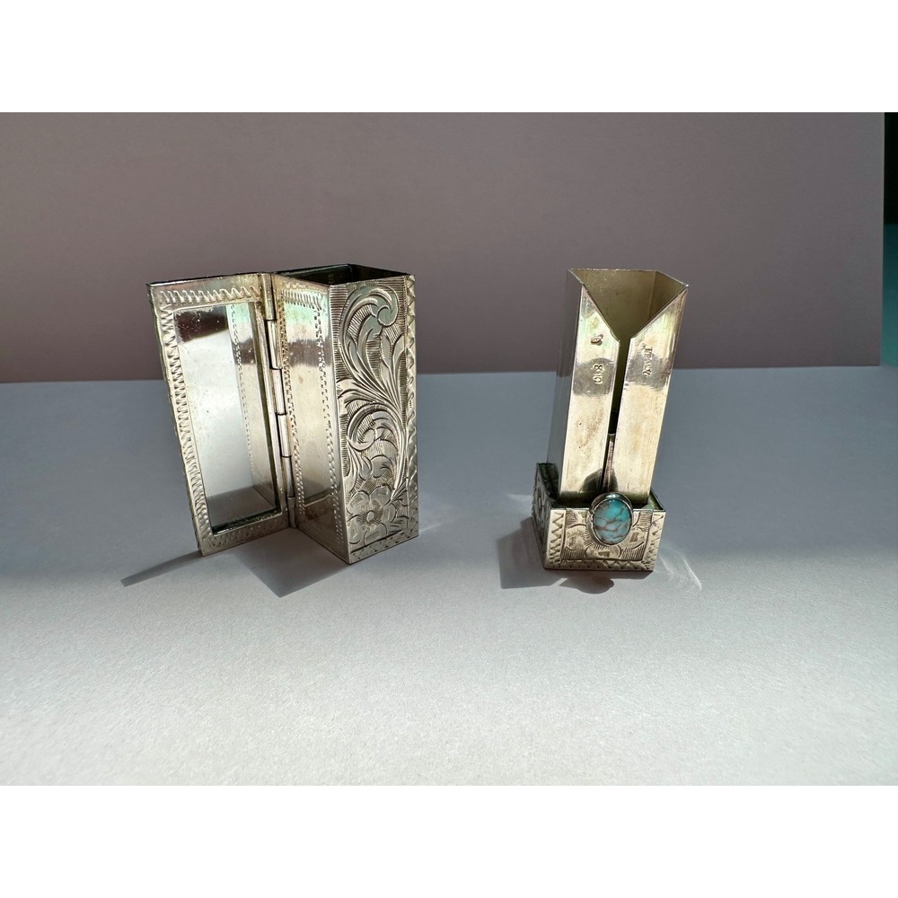 Vintage Art Deco Italian 800 Silver Lipstick Compact Mirror Etched Floral Stone - Picture 7 of 9